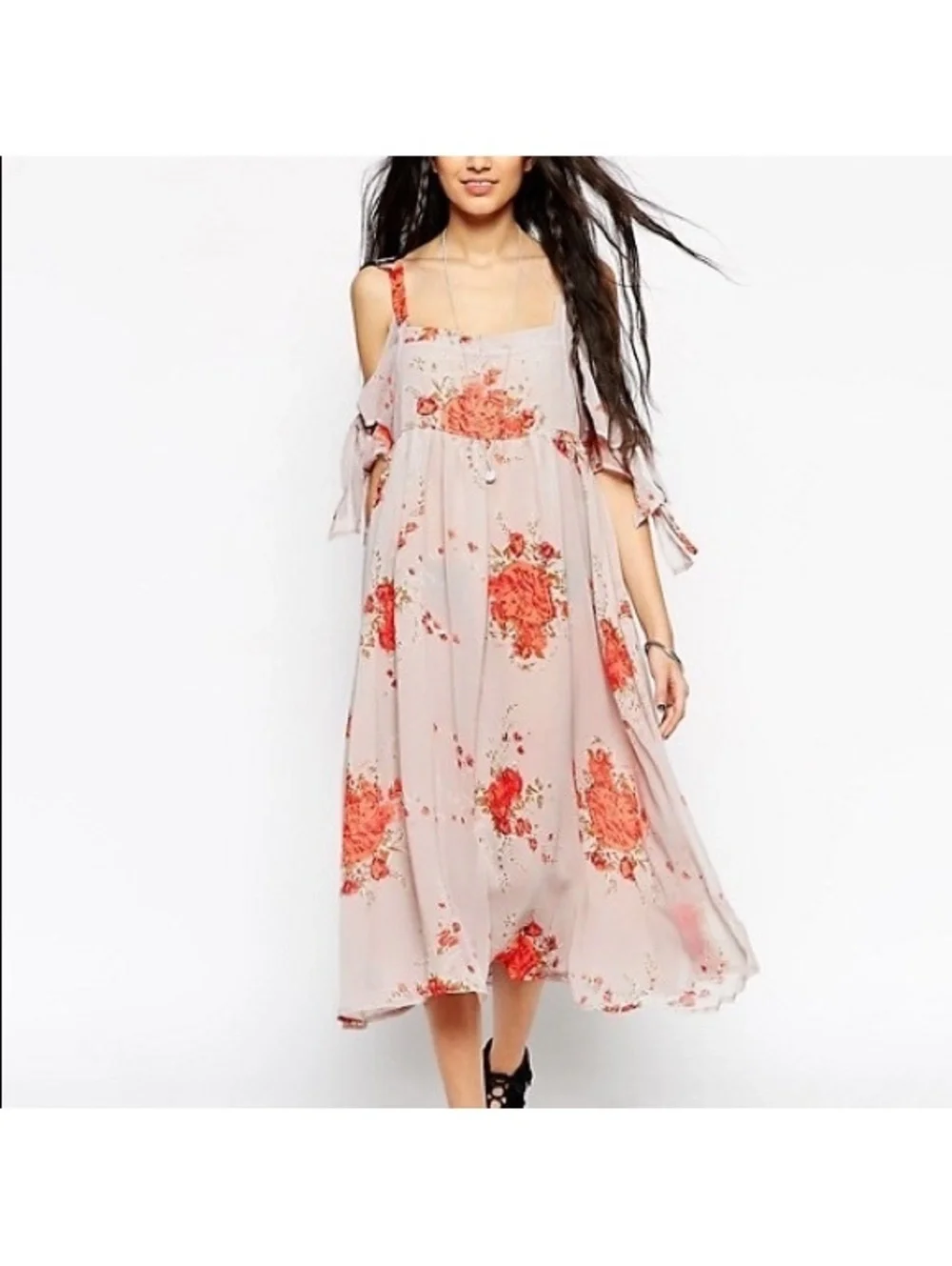 Free People Tied for You Lilac Gray Floral Coral Airy Maxi Dress Size S